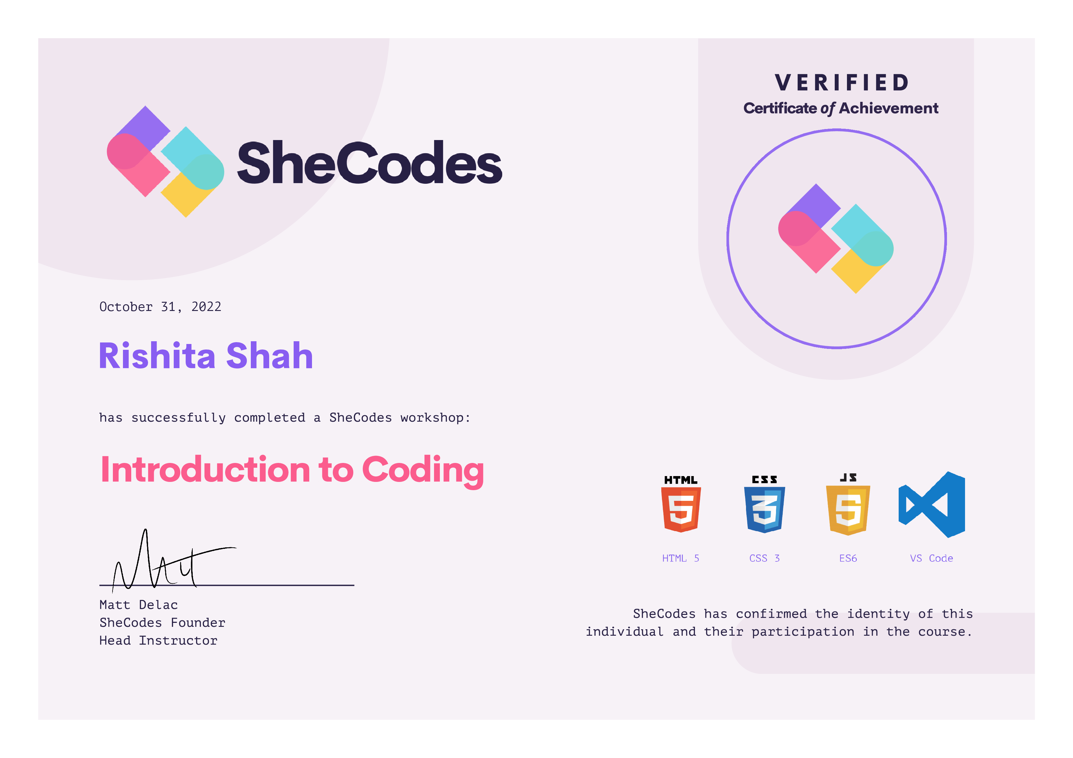 SheCodes certificate