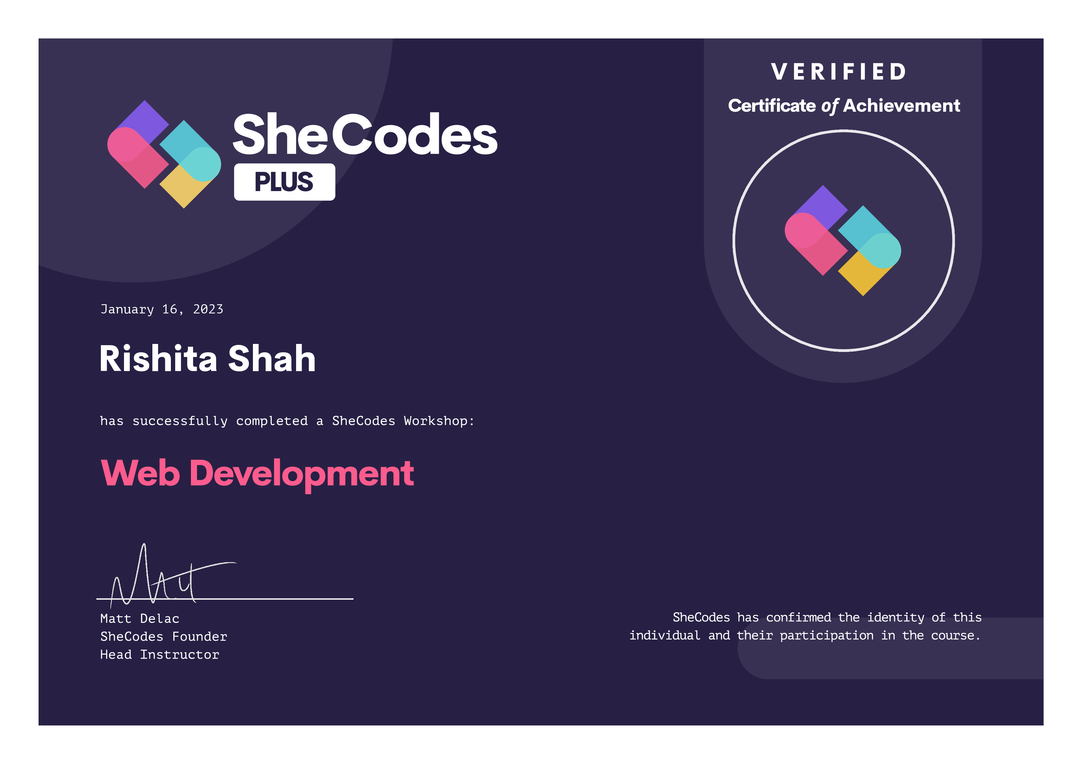 SheCodes certificate